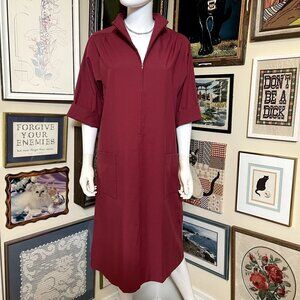 70s Vintage Anjac Deep Red Zip Front Cropped Sleeve Shift Dress House Coat 16